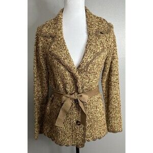 Carole Little Women S Chunky Knit belted Button up Cardigan Sweater Crochet Trim